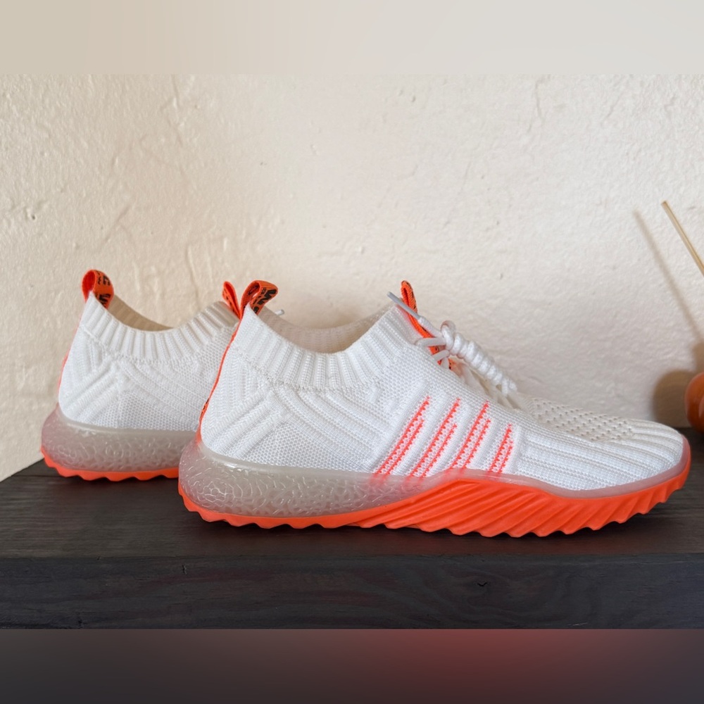 Women Leisure Flying Weave Neon Orange Color Contrast Sneakers Size 7.5 - Picture 2 of 10